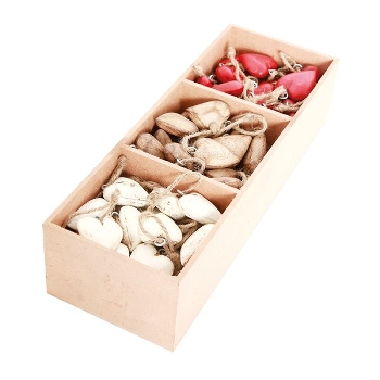 Box mit HerzHängern Dost, rot/weiß/natur, Holz, 25x15x15 cm