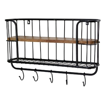 WandRegal Puri, schwarz/braun, Metall/Holz, 62x17x42 cm
