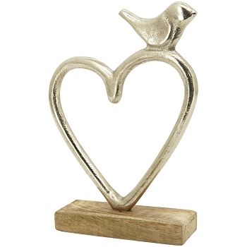 Herz mit Vogel Puri, Alu/Holz, 18,5x5x25 cm