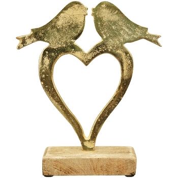 Herz mit Vogel Puri, gold/natur, Holz/Alu, 15x5x17 cm