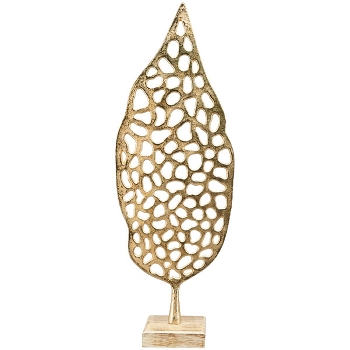 Skulptur Blätter Artisanal, gold/natur, Alu/Holz, 18x10x45 cm