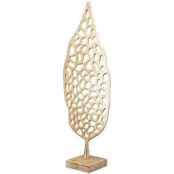 Skulptur Blätter Artisanal, gold/natur, Alu/Holz, 20x10x56 cm