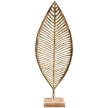 Skulptur Blätter Artisanal, gold/natur, Alu/Holz, 18x10x45 cm