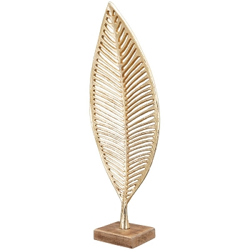 Skulptur Blätter Artisanal, gold/natur, Alu/Holz, 20x10x56 cm