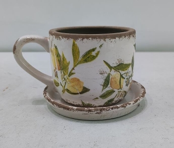 PflanzTasse mit Teller Citron, Keramik, 14x10,5x8,5 cm