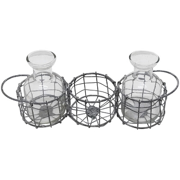 Korb mit Flaschen Junker, grau, Metall/Glas, 24x7x10 cm