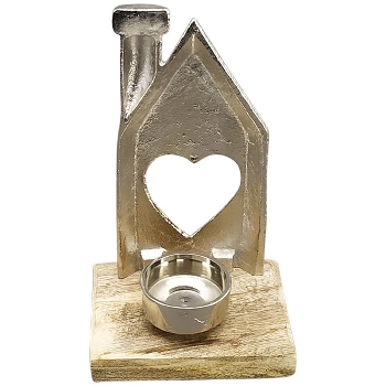 Haus TeeLichtHalter Puri, silber/natur, Aluminium/Holz,
