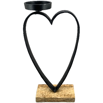 Herz mit KerzenHalter Sobre, schwarz, Alu/Holz, 15x2,5x33 cm