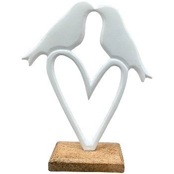 Herz mit Vogel ClairBlanc, weiß/natur, Alu/Holz, 17,5x5x21 cm