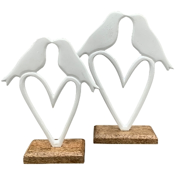 Herz mit Vogel Puri, weiß/natur, Alu/Holz, 21x5x27 cm