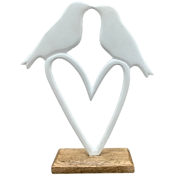 Herz mit Vogel Puri, weiß/natur, Alu/Holz, 21x5x27 cm