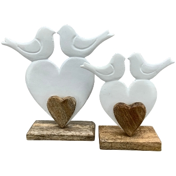 Herz mit Vogel Puri, weiß/natur, Alu/Holz, 22x5x22 cm