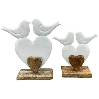 Herz mit Vogel Puri, weiß/natur, Alu/Holz, 22x5x22 cm