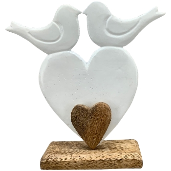 Herz mit Vogel Puri, weiß/natur, Alu/Holz, 22x5x22 cm