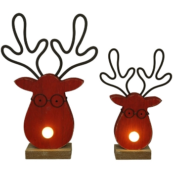 Rentier mit LED-Nase Teal, rot, Holz, 17x6x25,5 cm