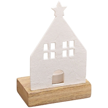 HausTeeLichtHalter Puri, weiß/natur, Aluminium/Holz, 13x8x20 cm