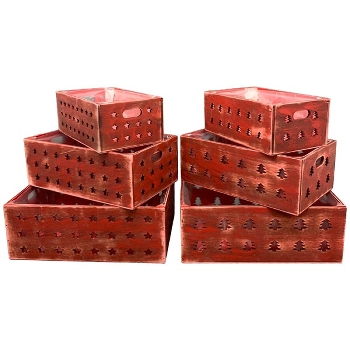 Kisten Set/3 Bloom, rot, Holz, 28x17x11 cm, 34x21x13 cm