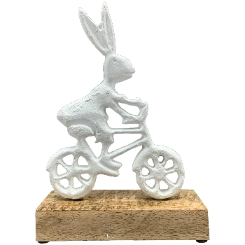 Hase mit Fahrrad Bloom, weiß, Alu/Holz, 17x2,5x27 cm